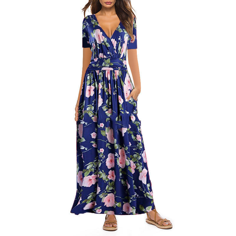 New Women's Printed V-Neck Wrap Breast Short Sleeve Pocket Dress