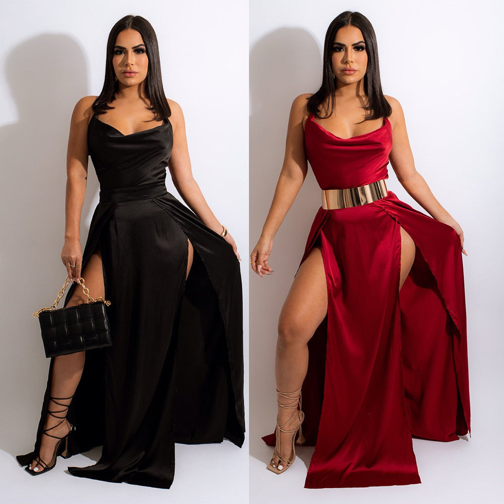 Sling Backless Swing Collar Split Dress Women