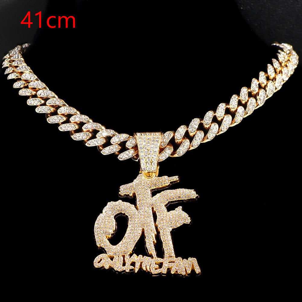 Domineering Cool Trendy Patchwork Letter Pendant Necklace Diamond-embedded Trendy Shiny OTF Pendant Cuban Necklace