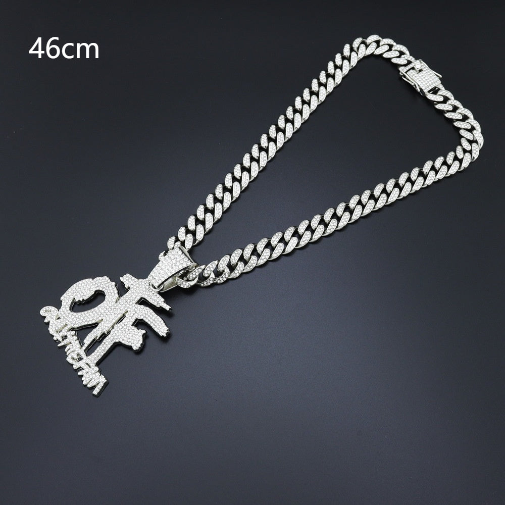 Domineering Cool Trendy Patchwork Letter Pendant Necklace Diamond-embedded Trendy Shiny OTF Pendant Cuban Necklace