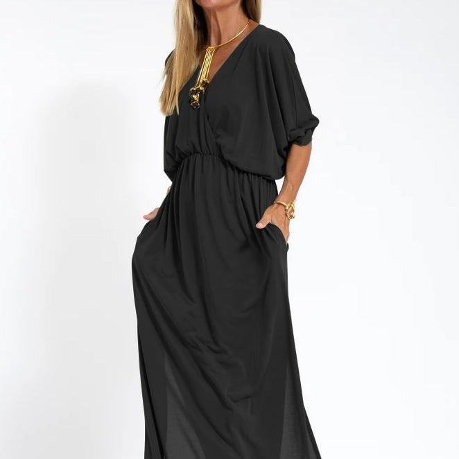Solid Color High Waist Slit V-neck Dress