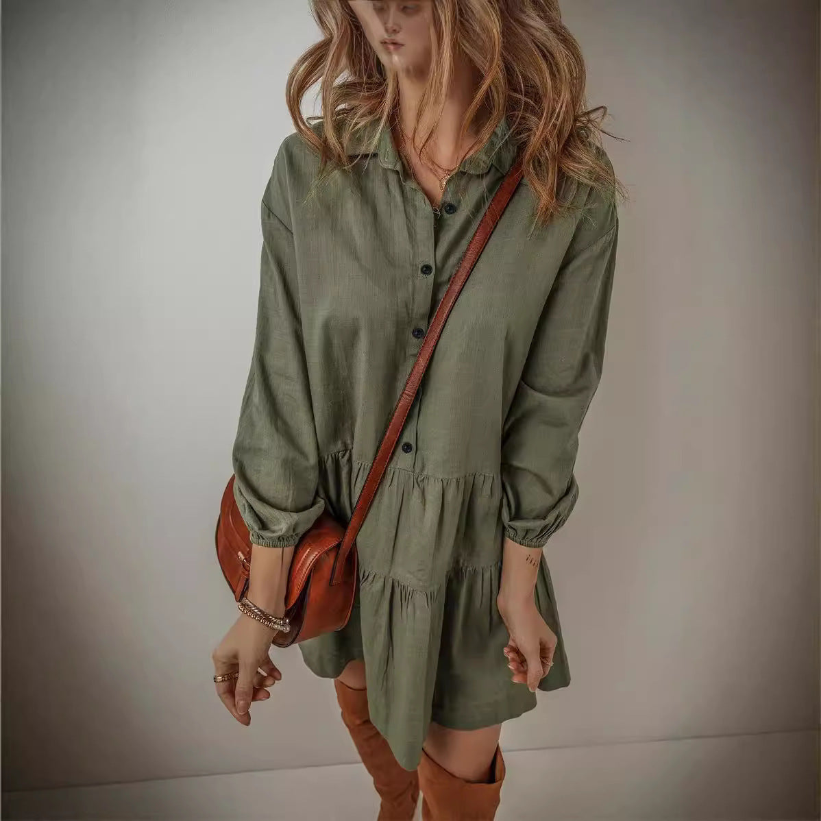 Solid Color Fashion Long Sleeve Stitching Dress Women