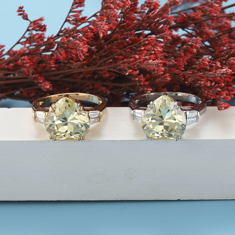 Lemon Yellow Peach Heart Simple Three-dimensional Love Big Main Stone Ring