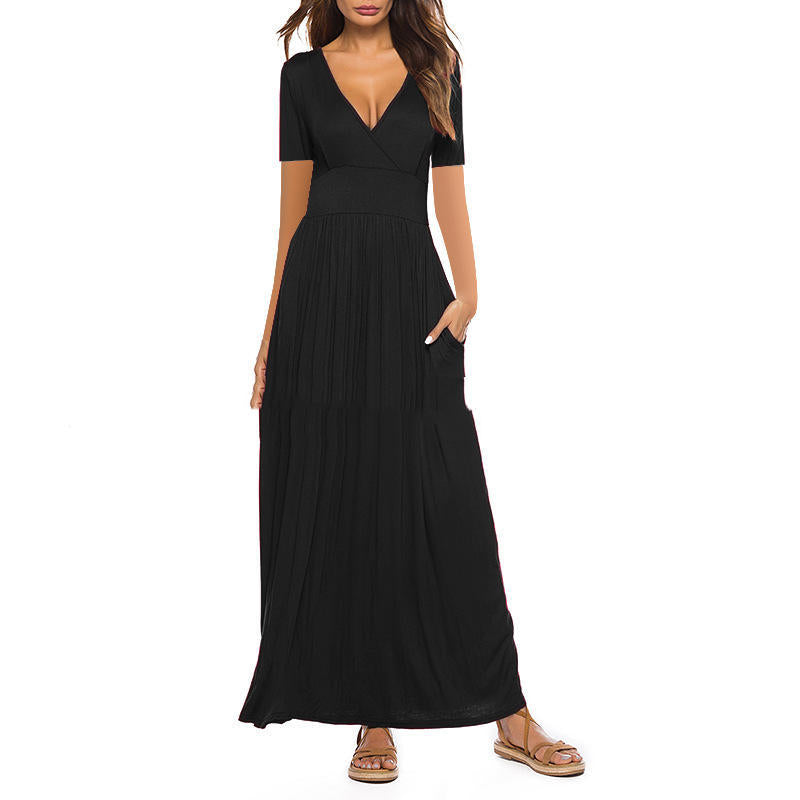New Women's Printed V-Neck Wrap Breast Short Sleeve Pocket Dress