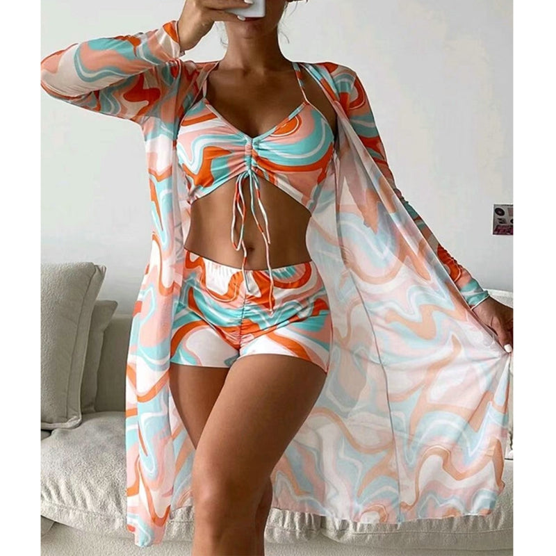 Swimsuit Female Split Three-piece Set High Waist Long Sleeve Smock Drawstring Suit - Lena