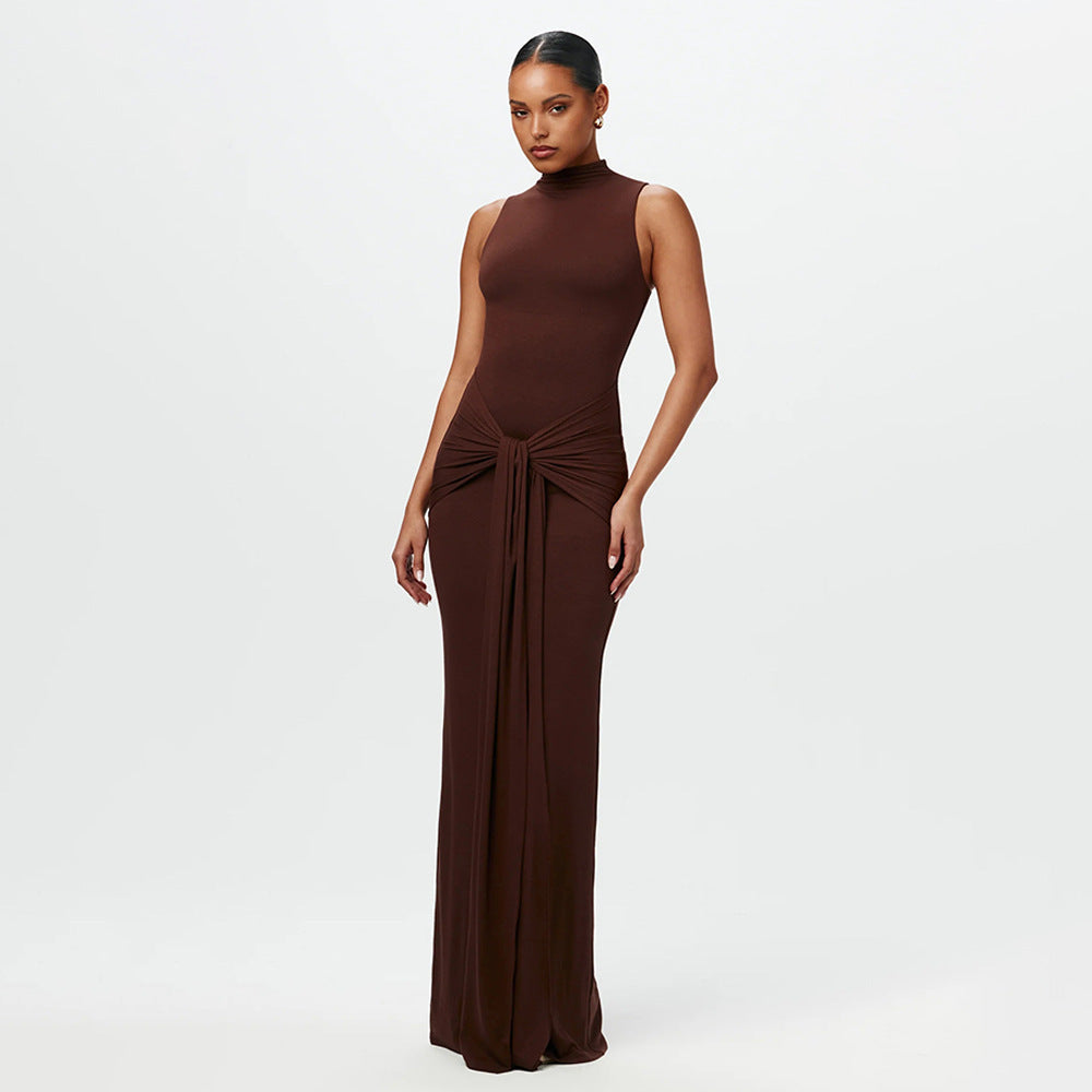 Cross Border Round Neck Sleeveless Tied Slim Fit Hip Dress