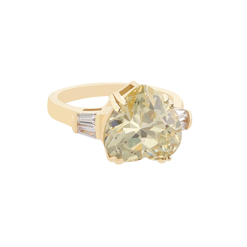 Lemon Yellow Peach Heart Simple Three-dimensional Love Big Main Stone Ring