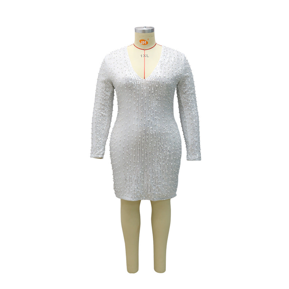 Autumn Long Sleeve Solid V-Neck Sequin Oversized Dress