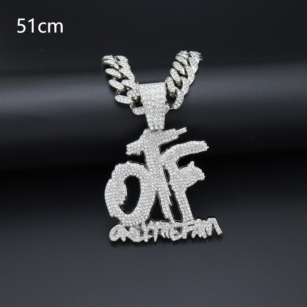 Domineering Cool Trendy Patchwork Letter Pendant Necklace Diamond-embedded Trendy Shiny OTF Pendant Cuban Necklace