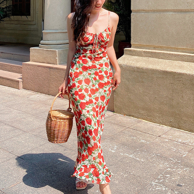 Rose Floral Suspender Dress Retro Fishtail