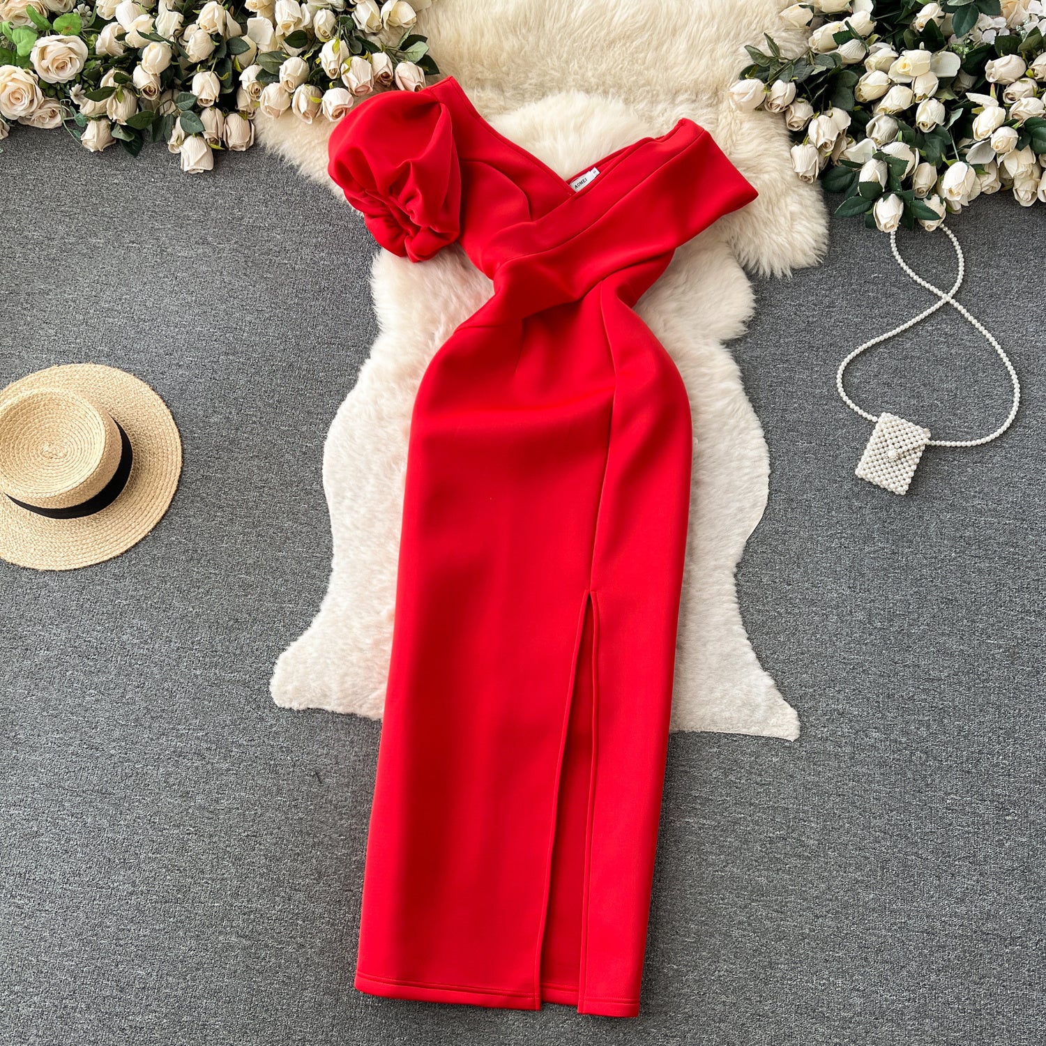 French Style Slanted Neck Bubble Sleeve High Waisted Dress