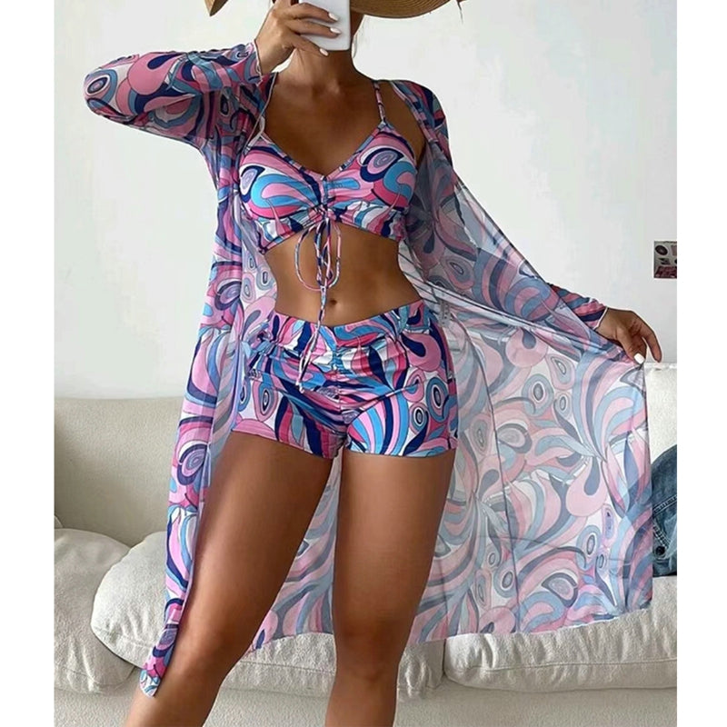 Swimsuit Female Split Three-piece Set High Waist Long Sleeve Smock Drawstring Suit - Lena