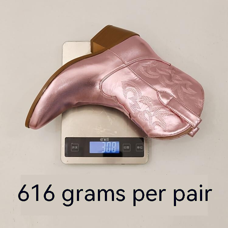 Mirror Patent Leather Embroidery Knee-high Boots Pointed Mid-calf Embroidery Chunky High Heel