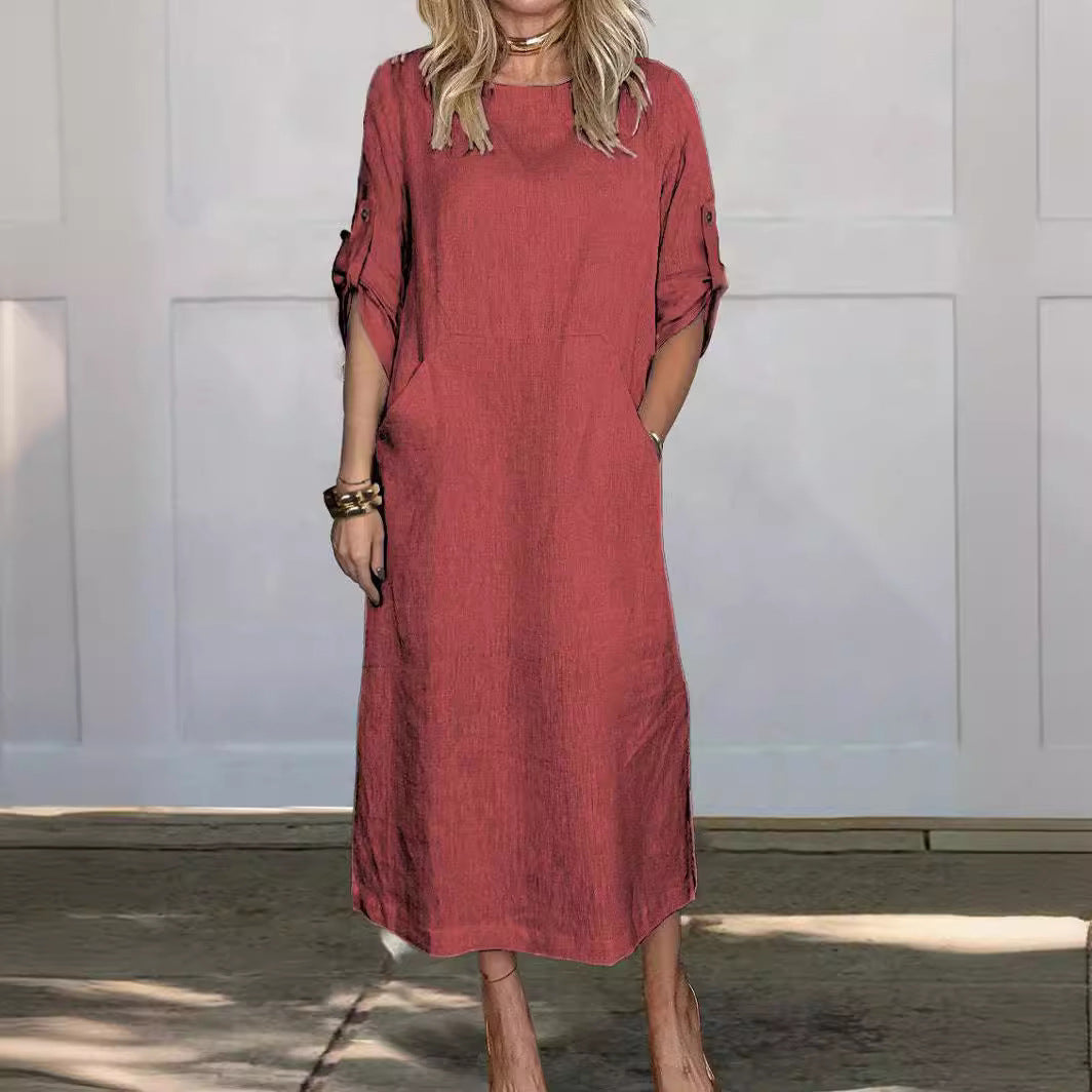 Women's Cotton And Linen Solid Color Casual Round-neck Long Dress