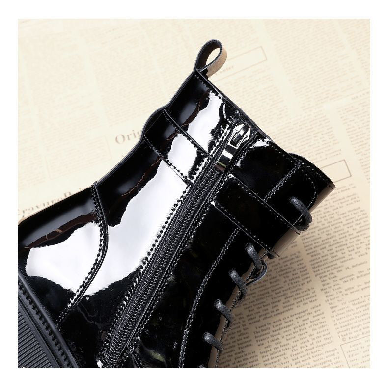 Block-heeled Mid-tube Patent Leather Boots
