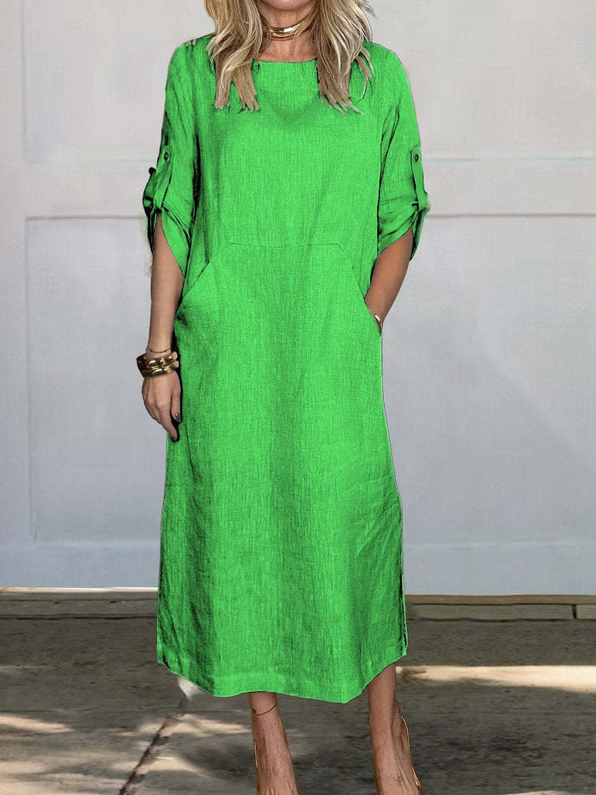 Women's Cotton And Linen Solid Color Casual Round-neck Long Dress