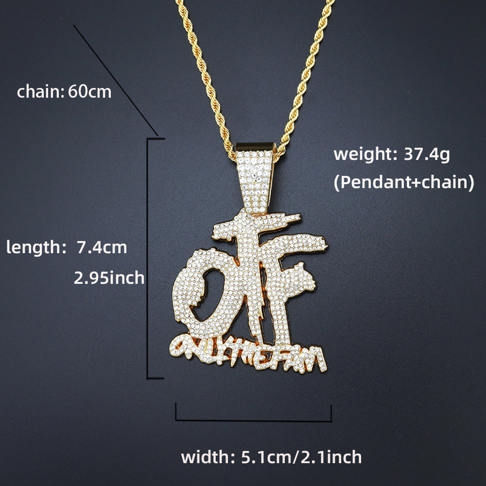 Domineering Cool Trendy Patchwork Letter Pendant Necklace Diamond-embedded Trendy Shiny OTF Pendant Cuban Necklace