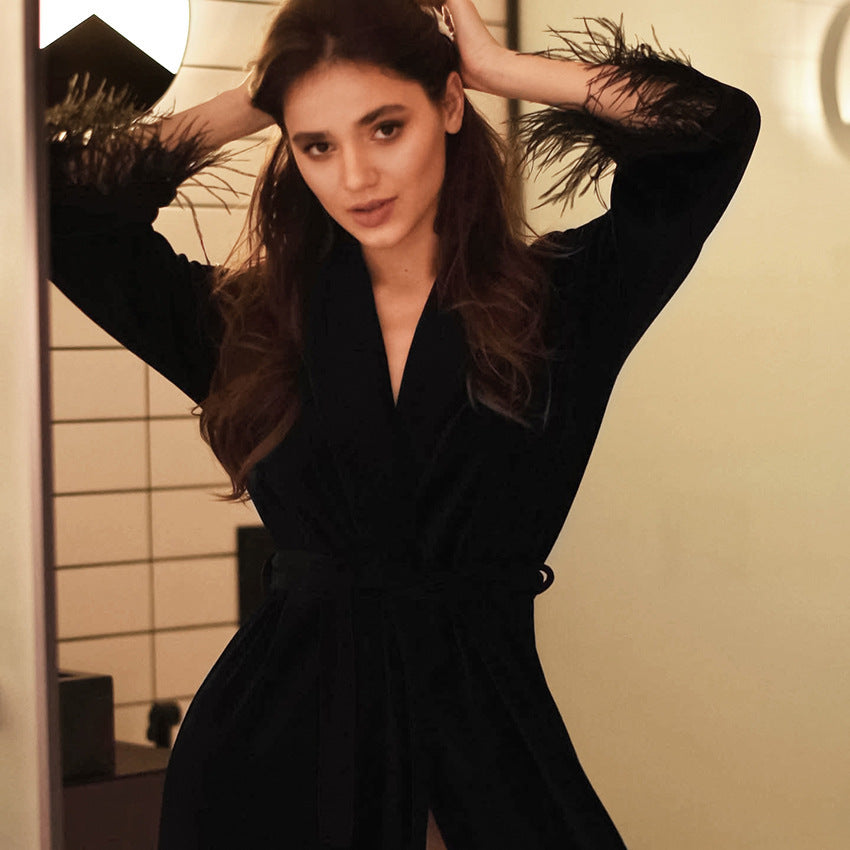 Women's Black Long-sleeved Bathrobe Cardigan