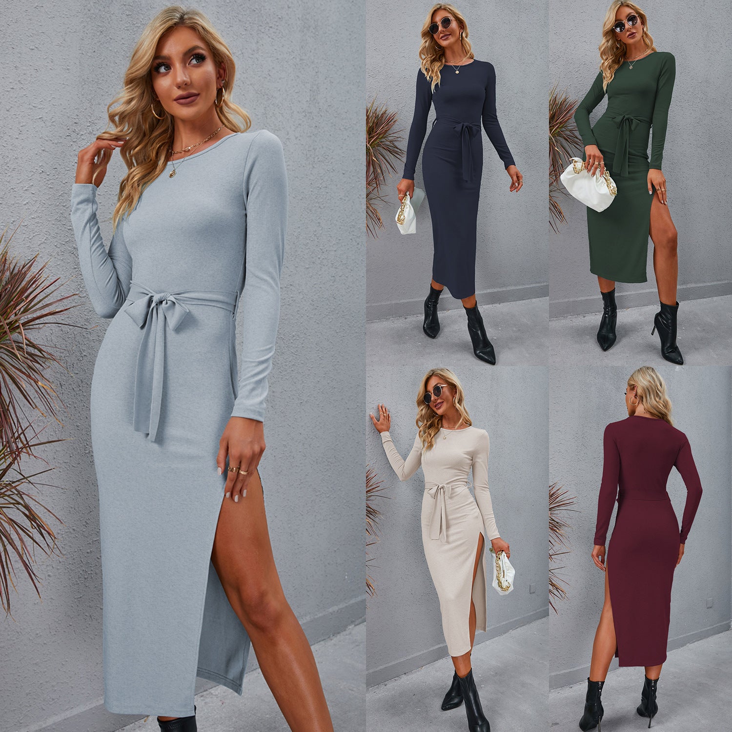 Knit Belt Round Neck Slit Dress Long Sleeve Slim