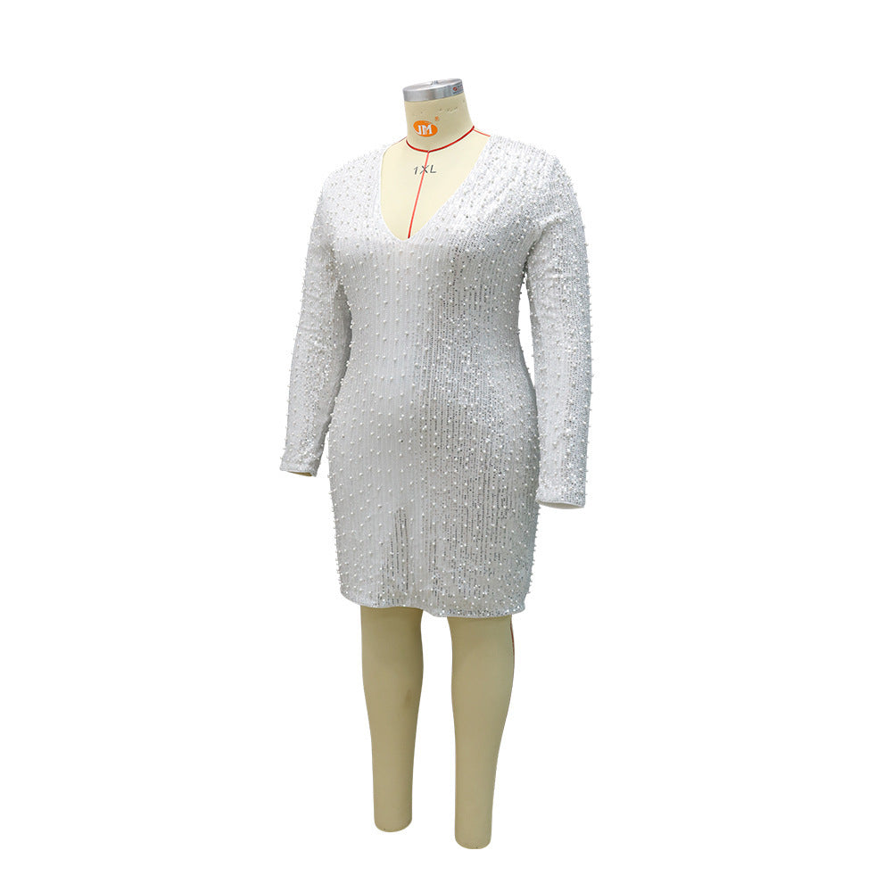 Autumn Long Sleeve Solid V-Neck Sequin Oversized Dress