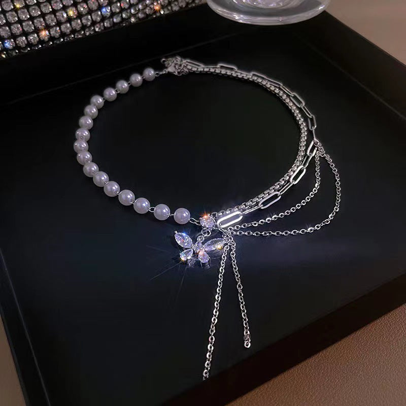 Pearl Necklace Zircon Butterfly Tassel Stitching Special-interest Design Light Luxury High-grade Clavicle Chain Fashion
