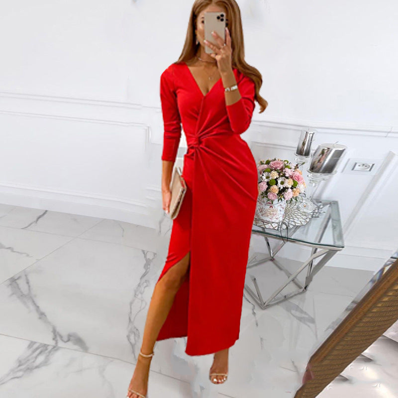 Solid Color Chest-wrapped Dress Mid-waist Temperament Commute Dress