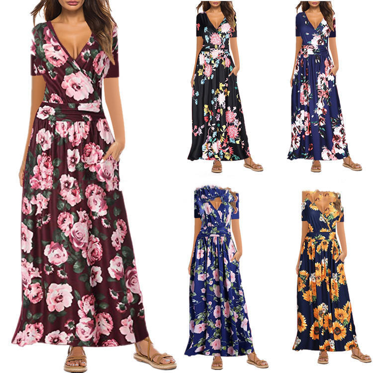 New Women's Printed V-Neck Wrap Breast Short Sleeve Pocket Dress