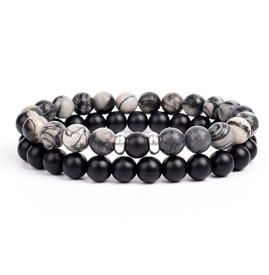 2 Pieces A Set Of 8mm Black And White Malachite Bracelets