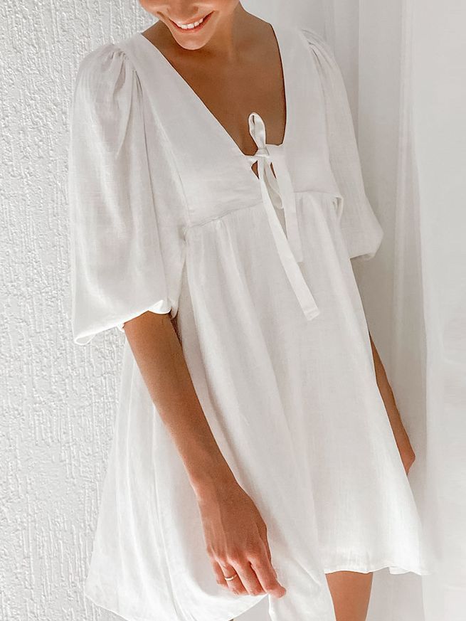 Women's Temperament Leisure Cotton Puff Sleeve Neckline Tied V-neck Dress